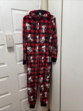 Peanuts Red & Black Plaid Snoopy Hooded Fleece Onesie Sze M